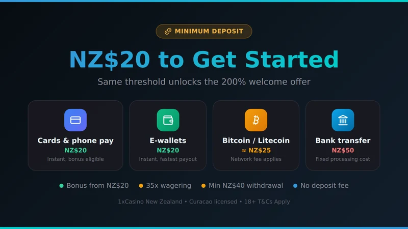 1xCasino minimum deposit card showing the NZ$20 floor across payment methods