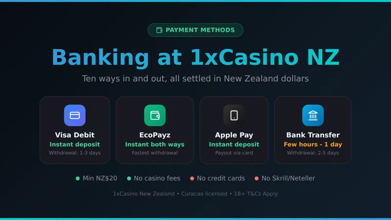 1xCasino New Zealand payment methods overview card showing deposit and withdrawal speeds