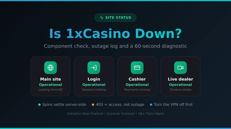 1xCasino status card showing main site, login, cashier and live dealer components